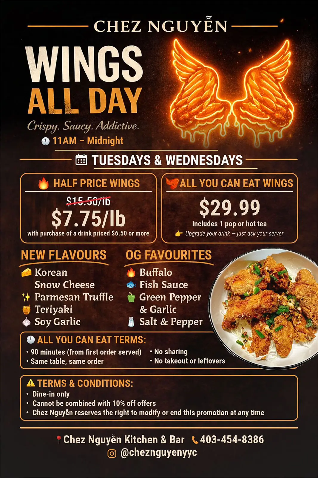Wings Day promotion featuring chicken wings with half price at $7.75 per pound and all you can eat wings for $29.99 at Chez Nguyen Kitchen and Bar, authentic Vietnamese cuisine