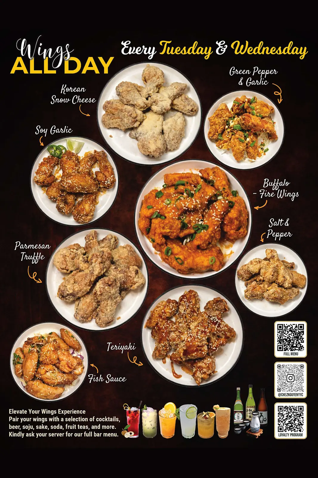Plates of crispy chicken wings in various flavours including soy garlic, buffalo, parmesan truffle, Korean snow cheese, and salt and pepper, served at Chez Nguyen restaurant