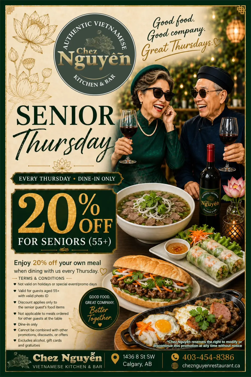 Every Thursday, 20% off for seniors aged 55 and older for dine-in. Have a joyful senior time with assortment of Vietnamese dishes including pho, banh mi, and spring rolls.