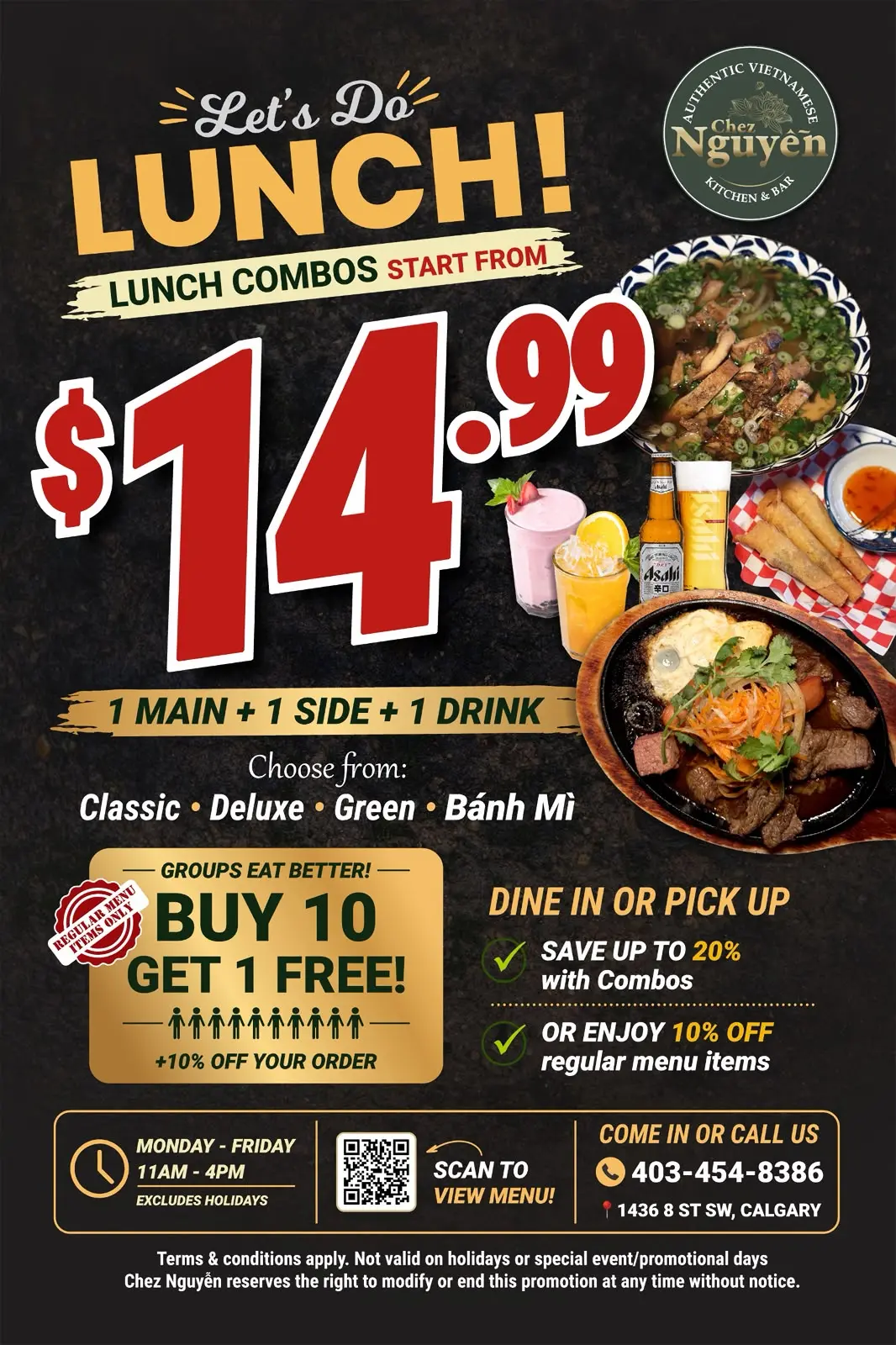 Vietnamese lunch combo promotion showing pho, grilled meat dish, spring rolls, and drinks with price $14.99 including main, side, and drink at Chez Nguyễn restaurant in Calgary