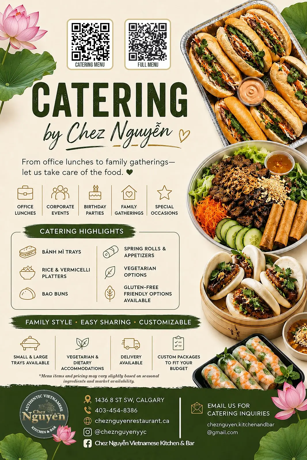 We offer catering services for office lunches, corporate events, birthday parties, family gatherings, and special occasions, with vegetarian and gluten-friendly options available.