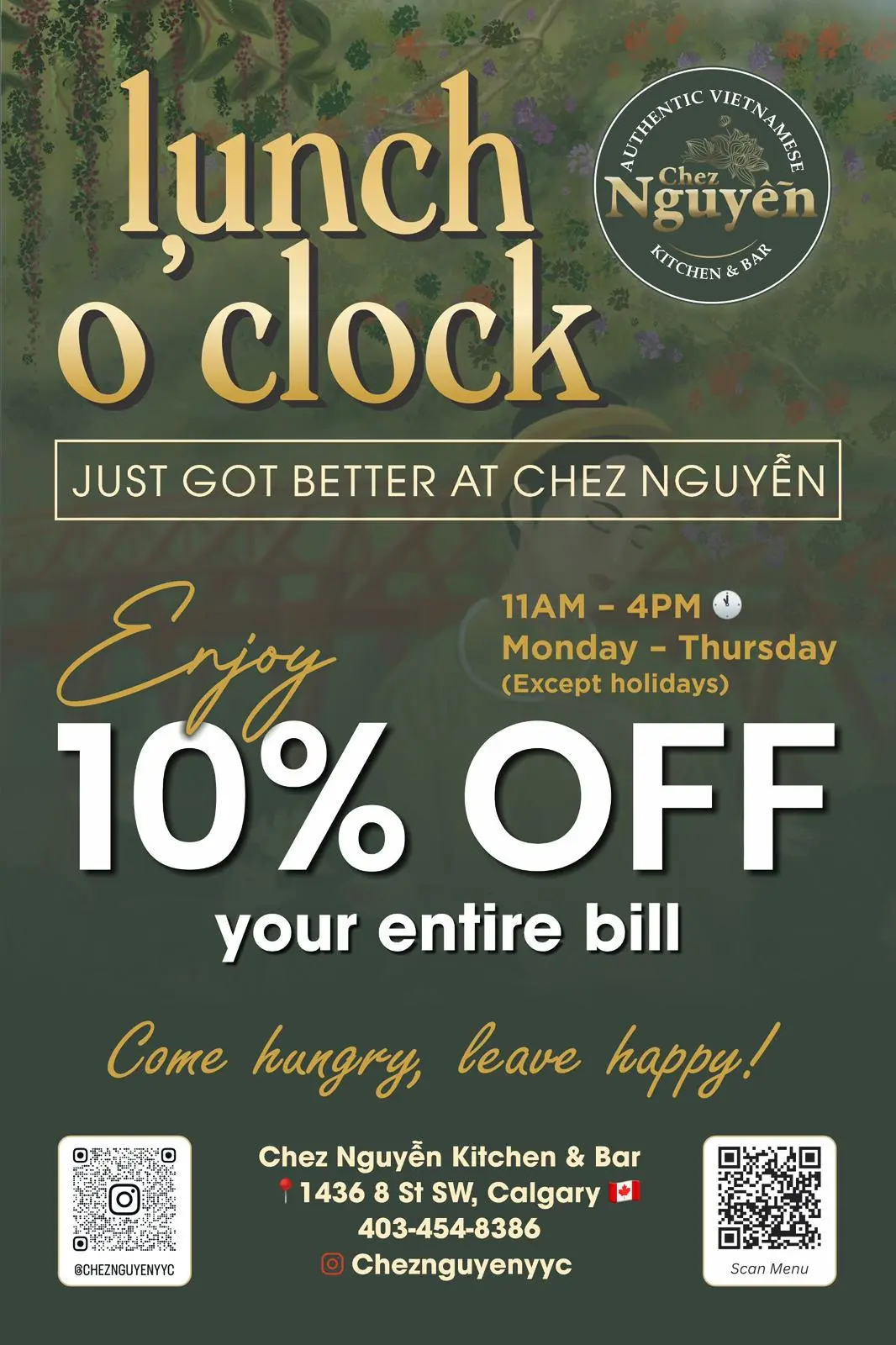 Promotional banner for Chez Nguyen Kitchen & Bar advertising 10 percent off the entire bill during lunch hours, Monday to Thursday from 11 AM to 4 PM, with restaurant logo and contact details.